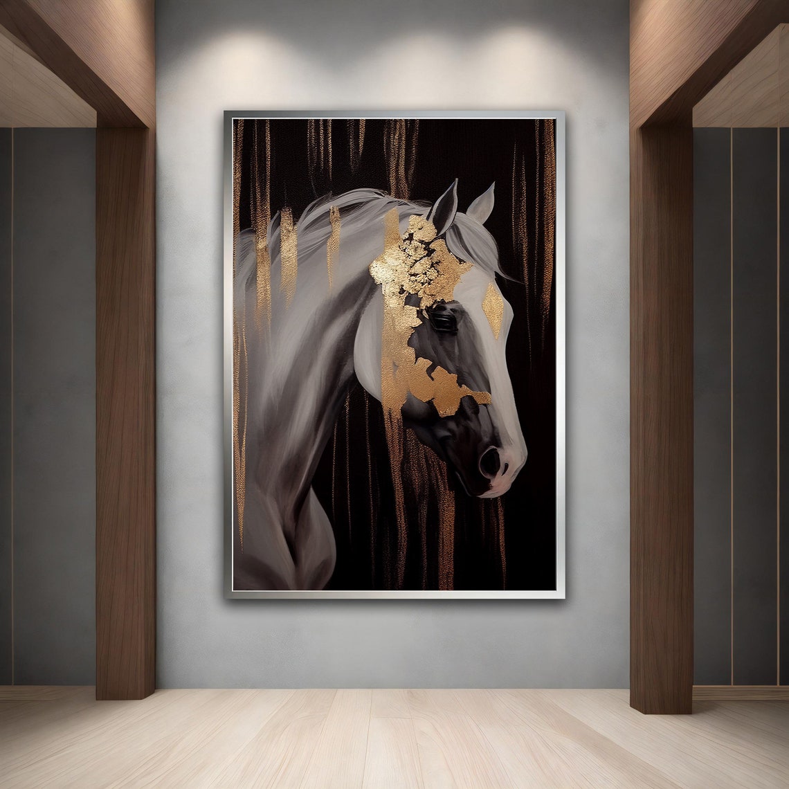 White Horse Gold Leaf Portrait Black Background Luxury Art Print - Image 5