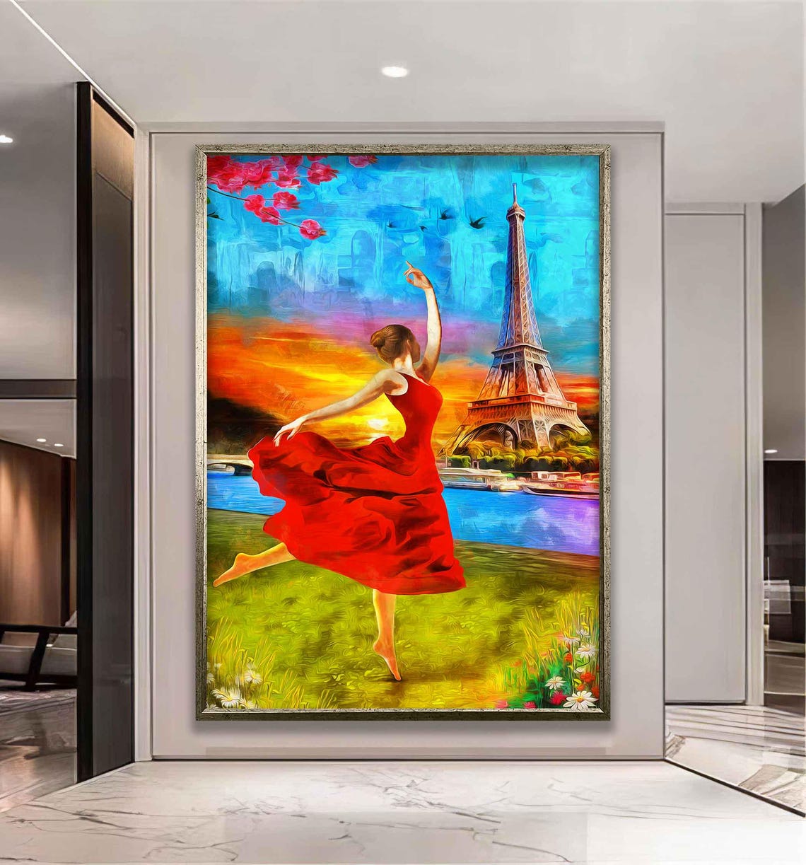 Eiffel Wall Art Paris Wall Art Woman In Paris Woman With Red Dress Wall Art Woman Painting Abstract Woman Print Paris - Image 4