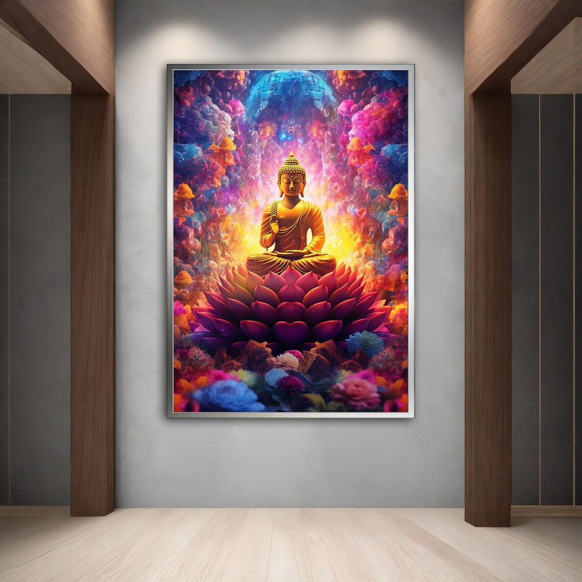 Golden Buddha on Lotus Psychedelic Flowers Spiritual Art Print - Image 4