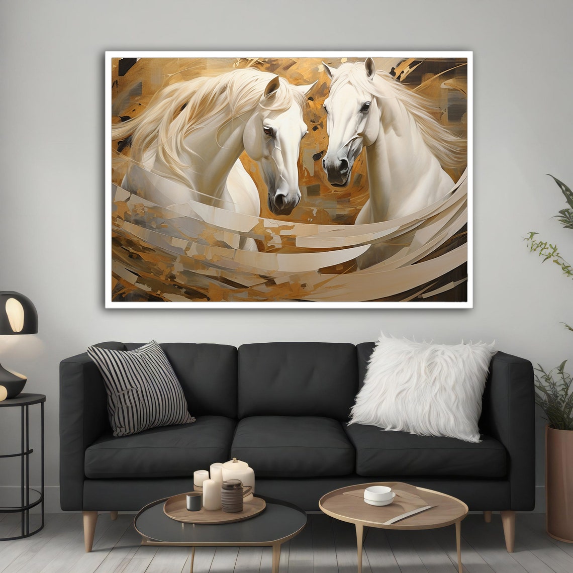 Two White Horses Facing Painting Golden Swirls Elegant Equine Poster - Image 4