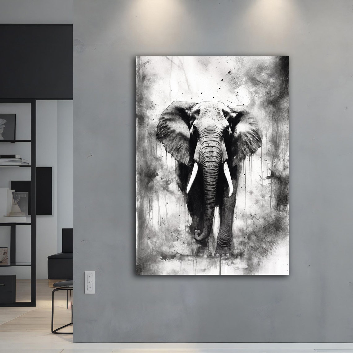 Black And White Elephant Front View Watercolor Style Art Poster