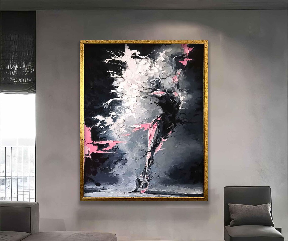 Abstract Ballerina Smoke Pink Black Dancer Painting Graceful Wall Art Poster - Image 2