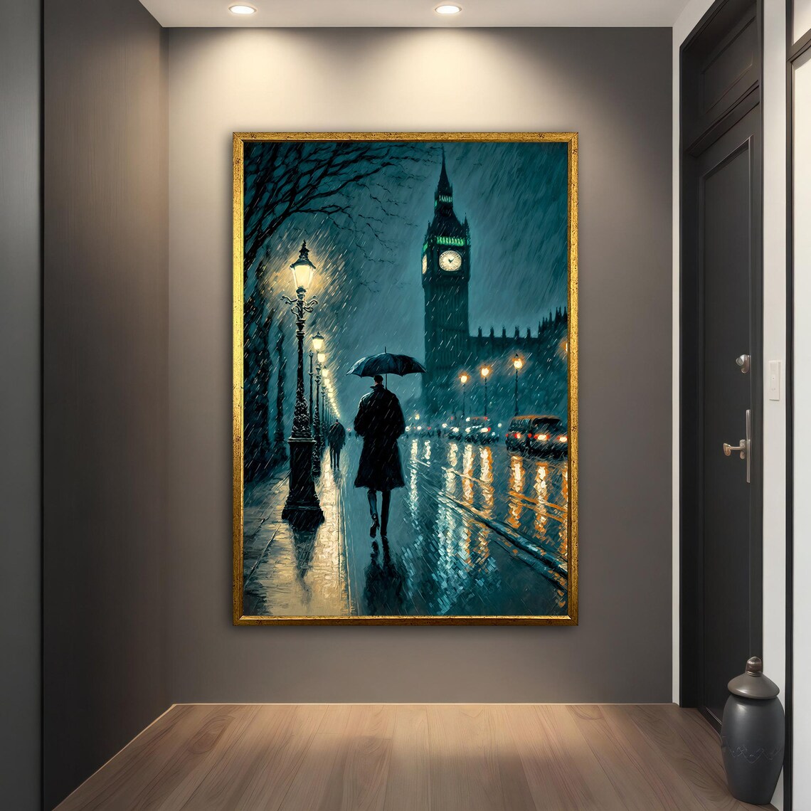 Big Ben London Rainy Night Umbrella Street Lamps Moody Travel Poster - Image 2