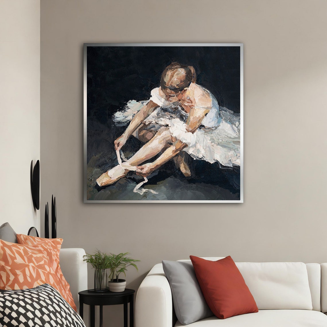 Ballerina Tying Pointe Shoe White Tutu Oil Painting Dance Art Poster - Image 5