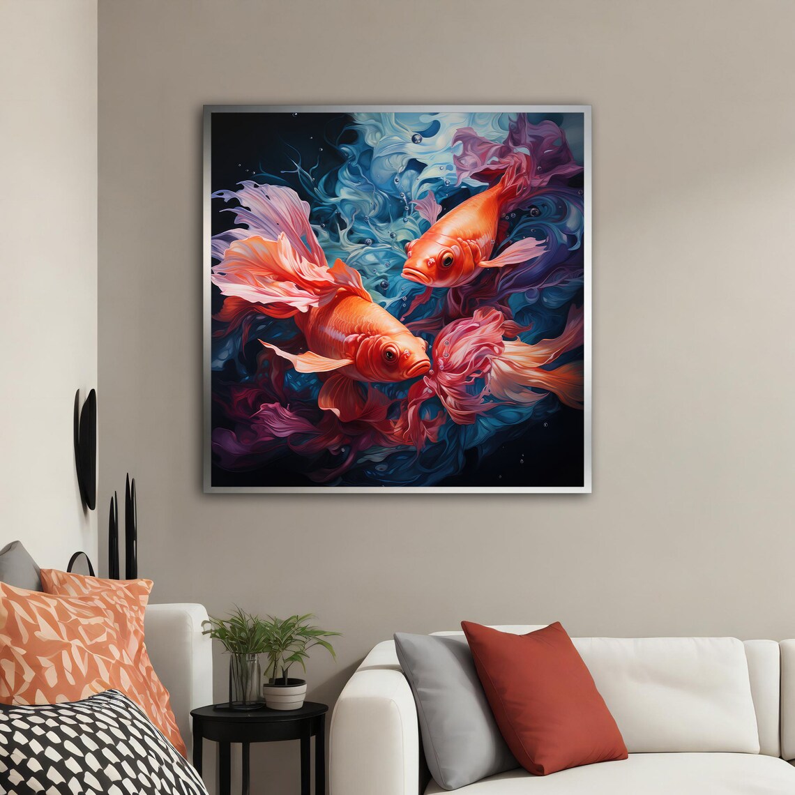 Twin Koi Fish Orange Goldfish Dark Teal Waters Wall Art Poster - Image 4