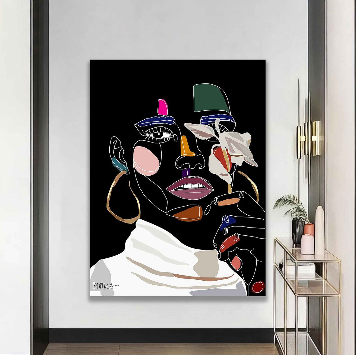 Abstract Line Art Woman Face On Black Modern Minimalist Poster