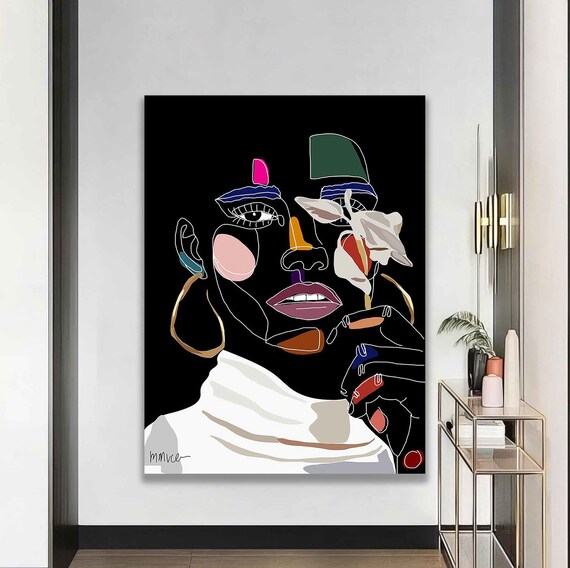 Abstract Line Art Woman Face On Black Modern Minimalist Poster