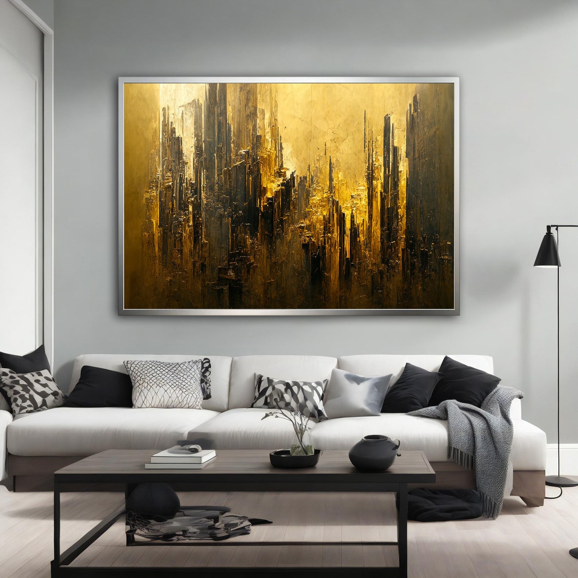 Gold Black Abstract City Skyline Painting Luxury Modern Art Poster - Image 2