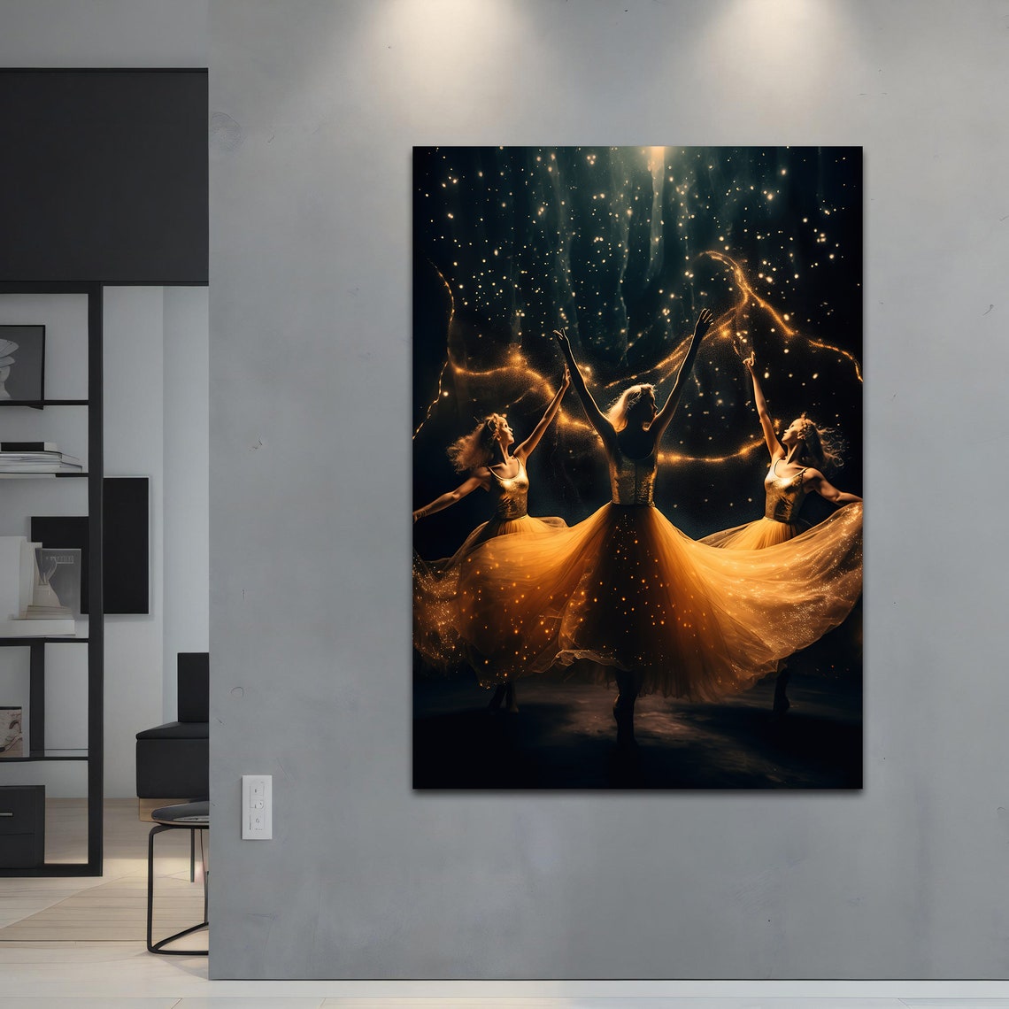 Golden Dancers Under Starry Night Magical Dance Art Print Poster - Image 3