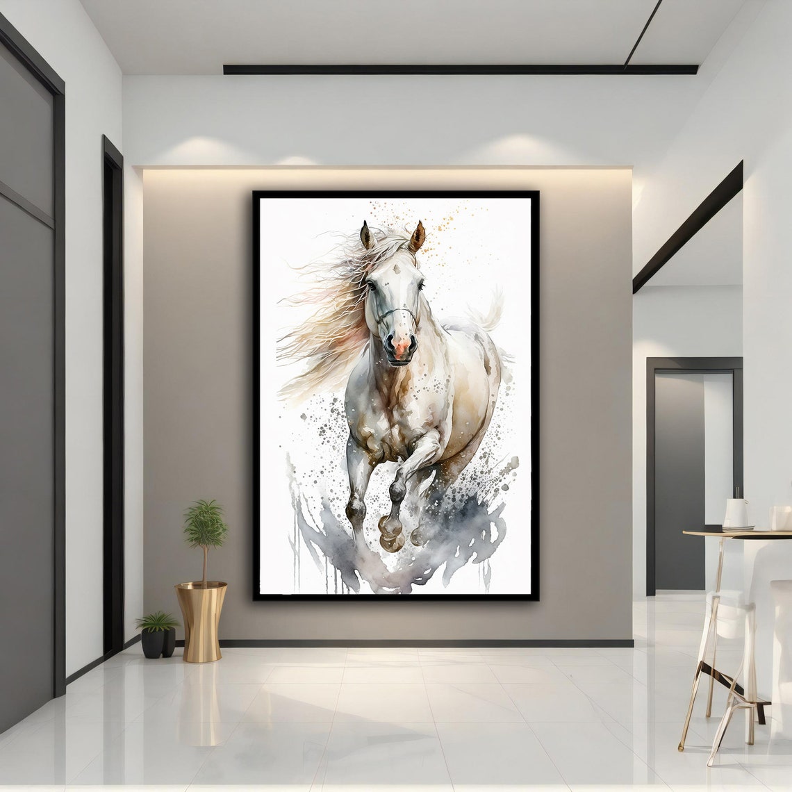 Galloping White Horse Watercolor Motion Animal Wall Art Poster - Image 4