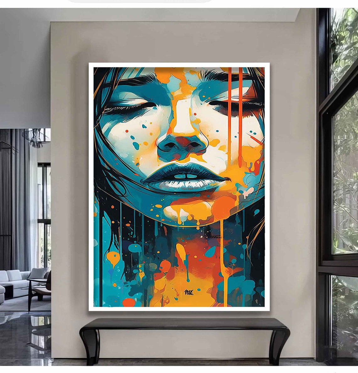 Pop Art Woman Face Teal Orange Paint Splatter Colorful Portrait Poster - Image 2