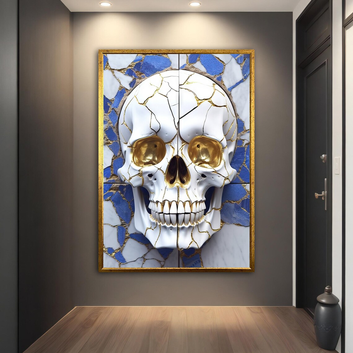Kintsugi Skull Gold Cracks Blue Marble Mosaic Modern Japanese Art Poster - Image 3
