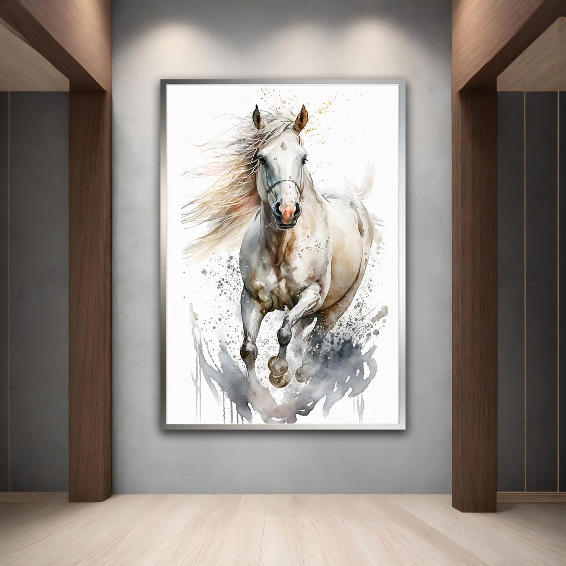 Galloping White Horse Watercolor Motion Animal Wall Art Poster - Image 3