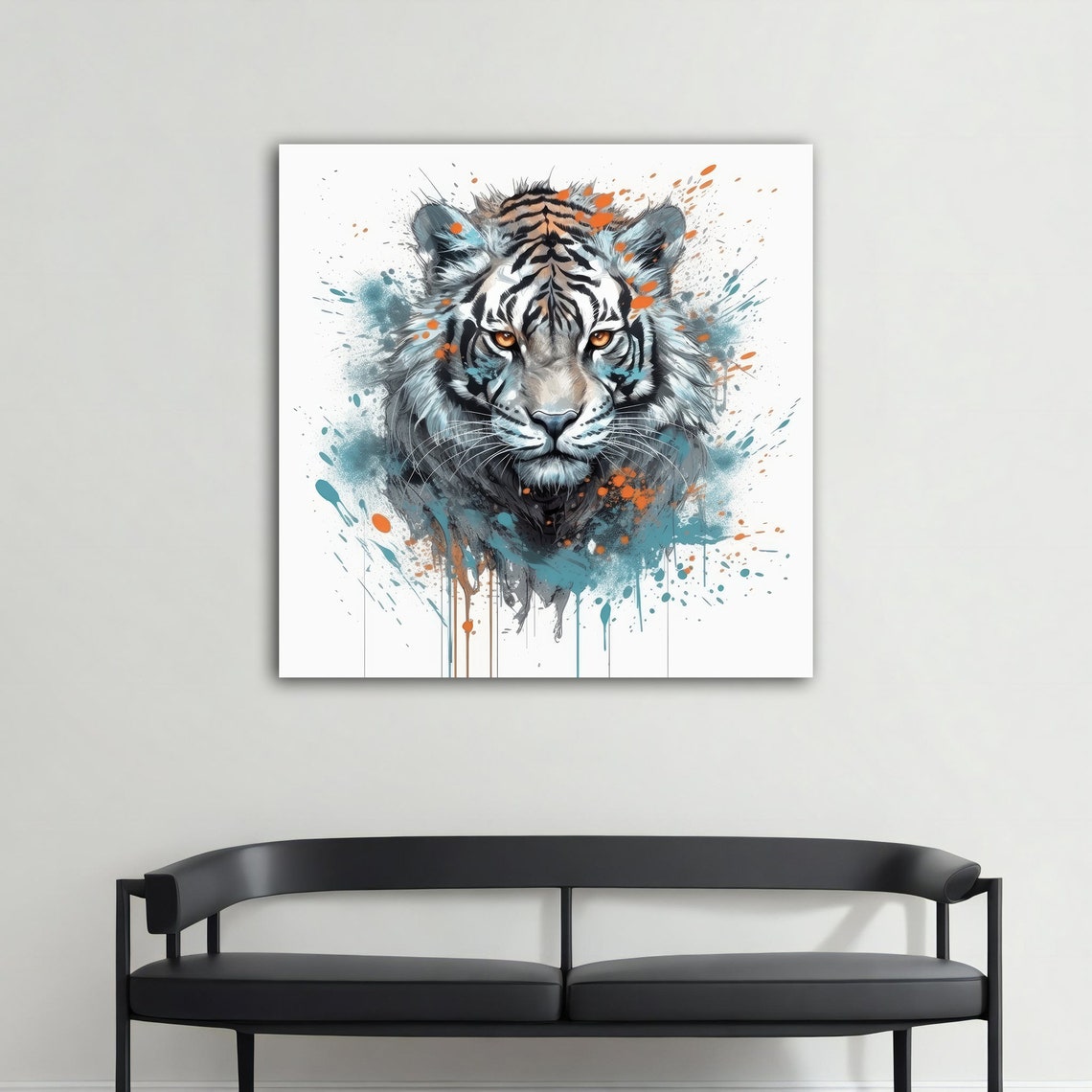 White Tiger Face Watercolor With Blue And Orange Paint Splashes Poster - Image 3