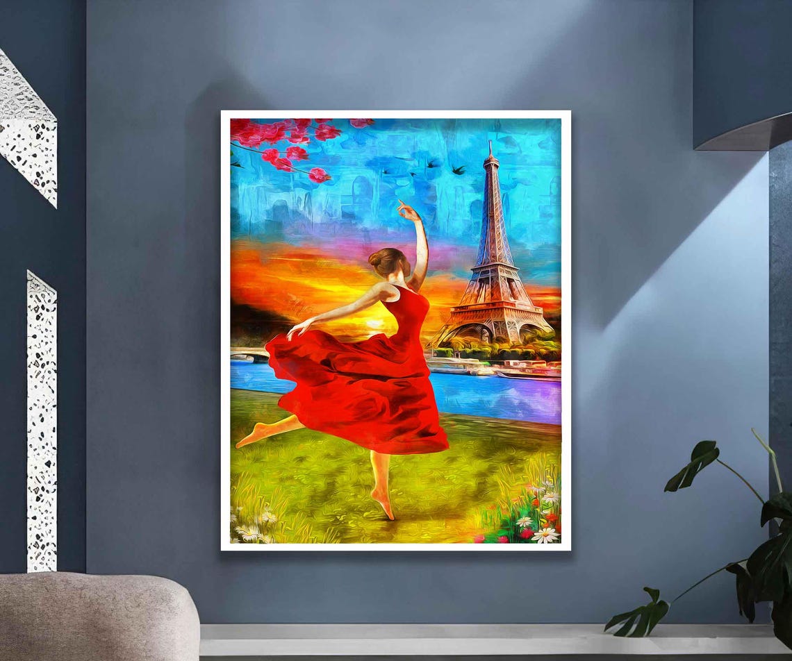 Eiffel Wall Art Paris Wall Art Woman In Paris Woman With Red Dress Wall Art Woman Painting Abstract Woman Print Paris - Image 3