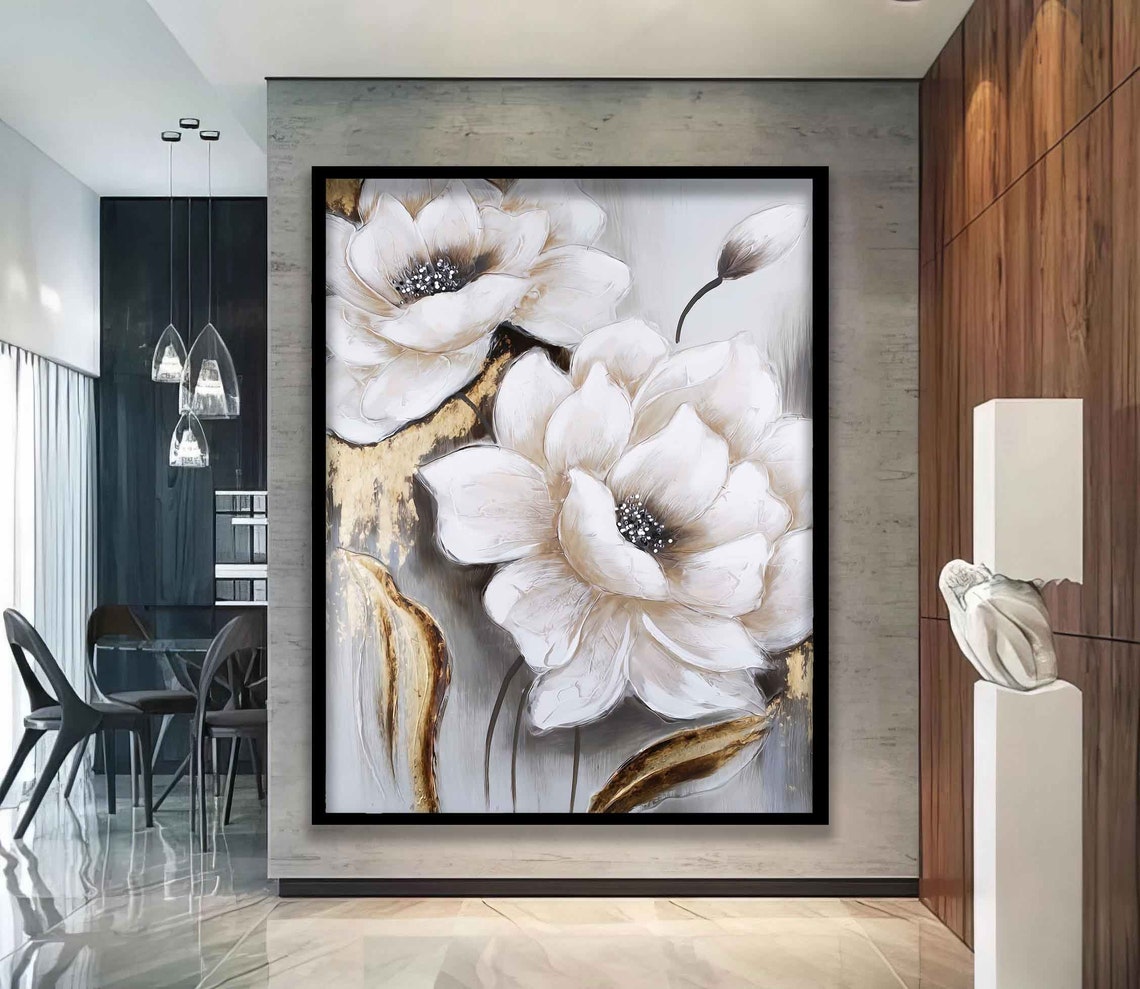 Soft White Magnolia Flowers Gold Grey Abstract Floral Art Poster - Image 4