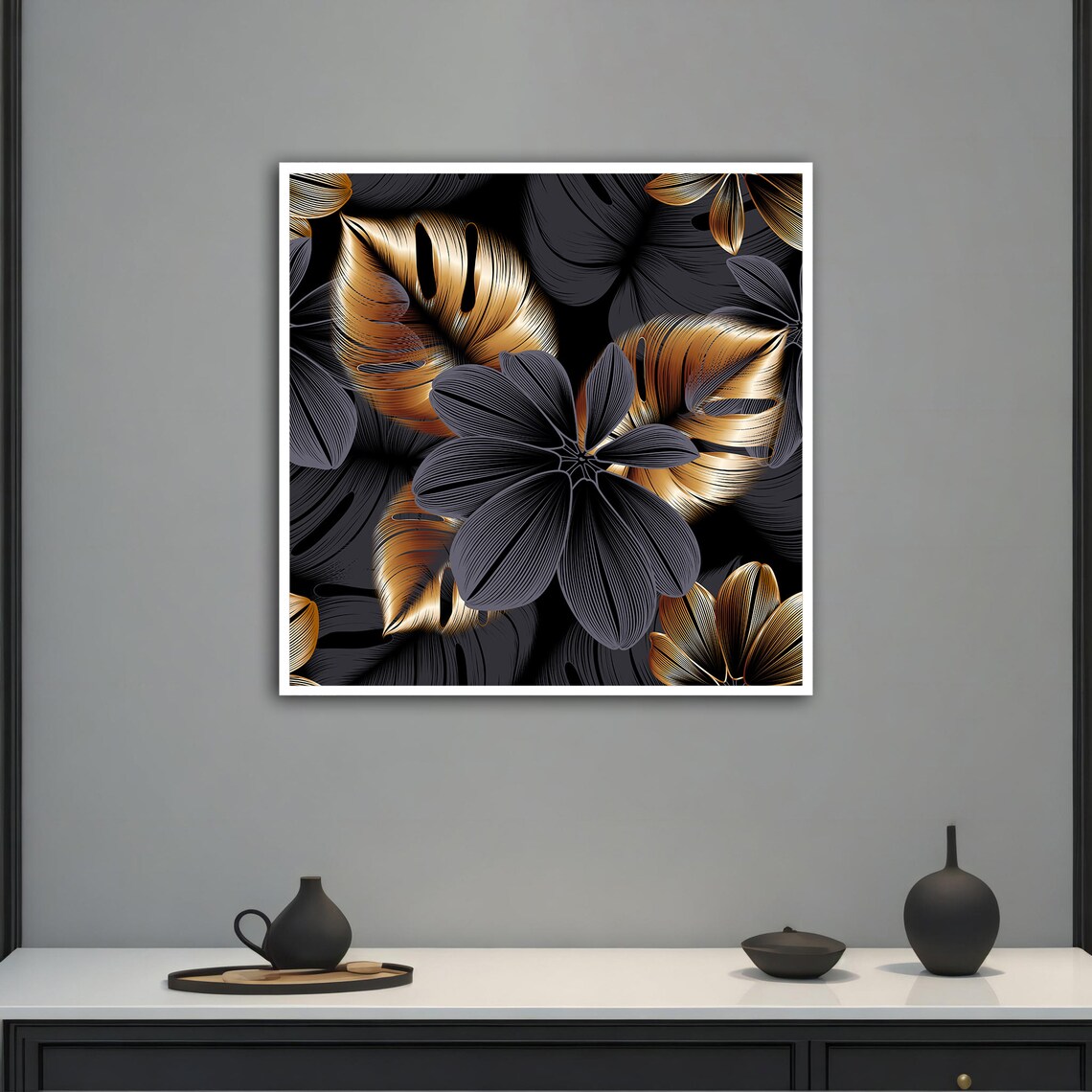 Black and Gold Tropical Leaves Monstera Luxury Botanical Art Poster - Image 2