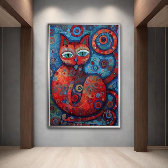 Red Cat Green Eyes Whimsical Blue Swirl Animal Wall Art Poster