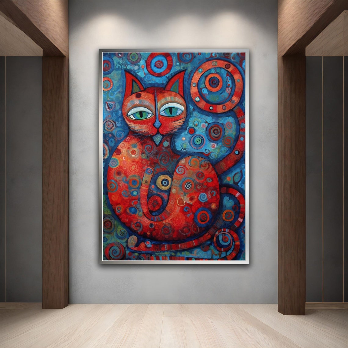 Red Cat Green Eyes Whimsical Blue Swirl Animal Wall Art Poster