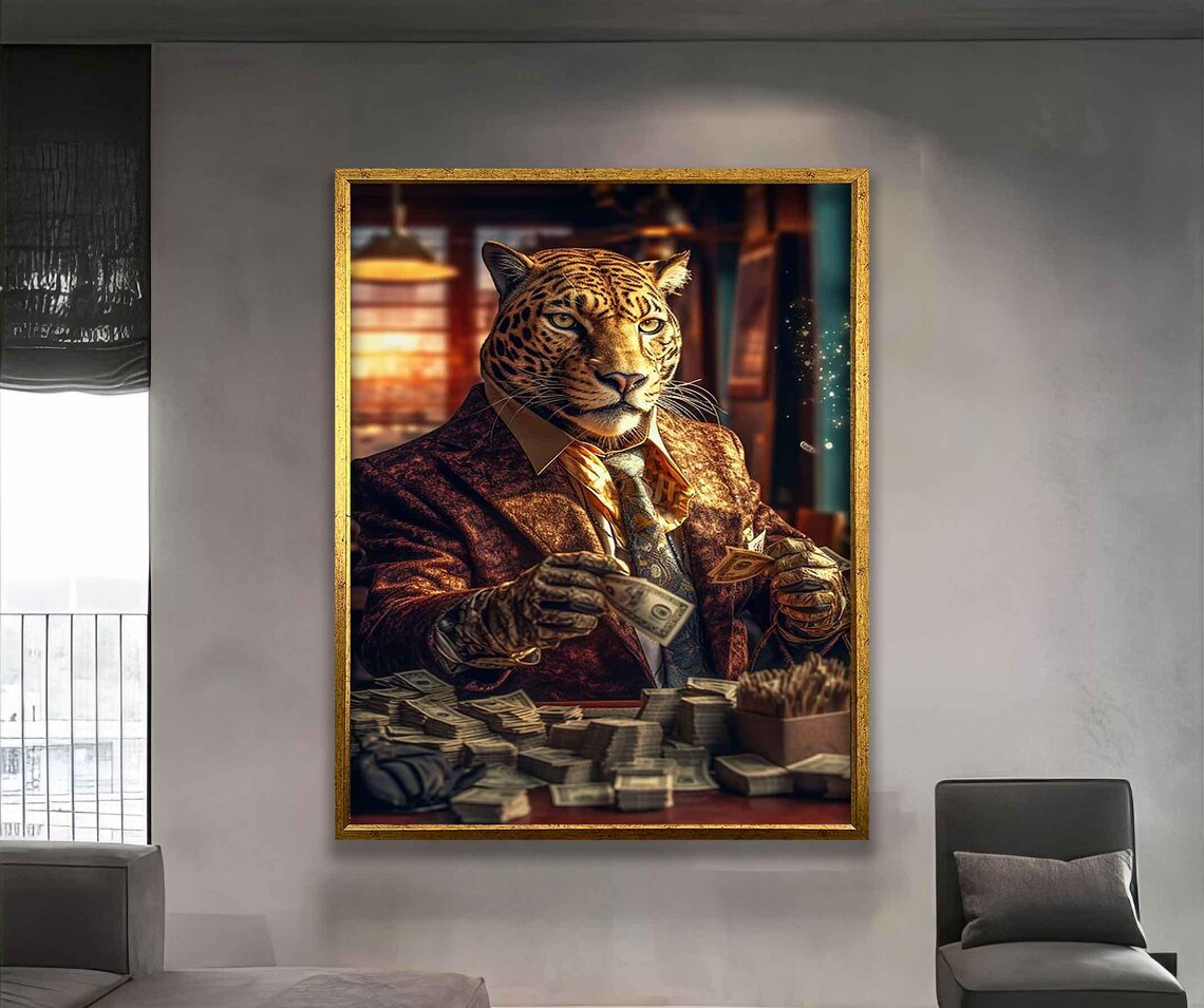Boss Leopard In Suit Counting Money Funny Luxury Big Cat Office Wall Poster - Image 4