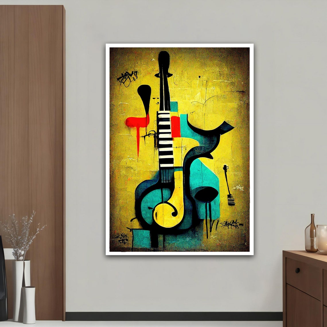 Abstract Cubist Guitar Yellow Background Colorful Music Art Print - Image 4