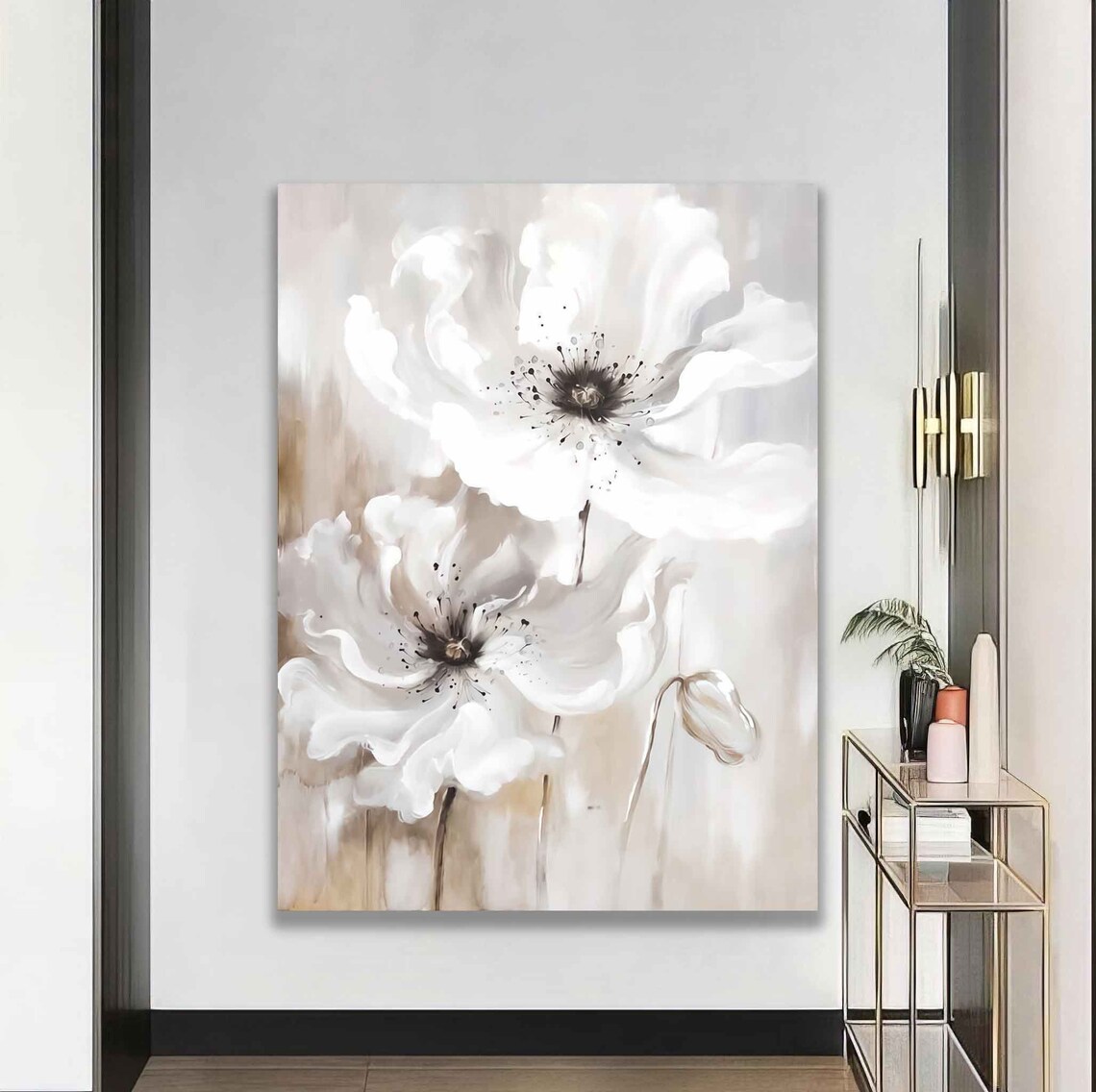 White Poppies Watercolor Flowers On Neutral Beige Art Poster - Image 5