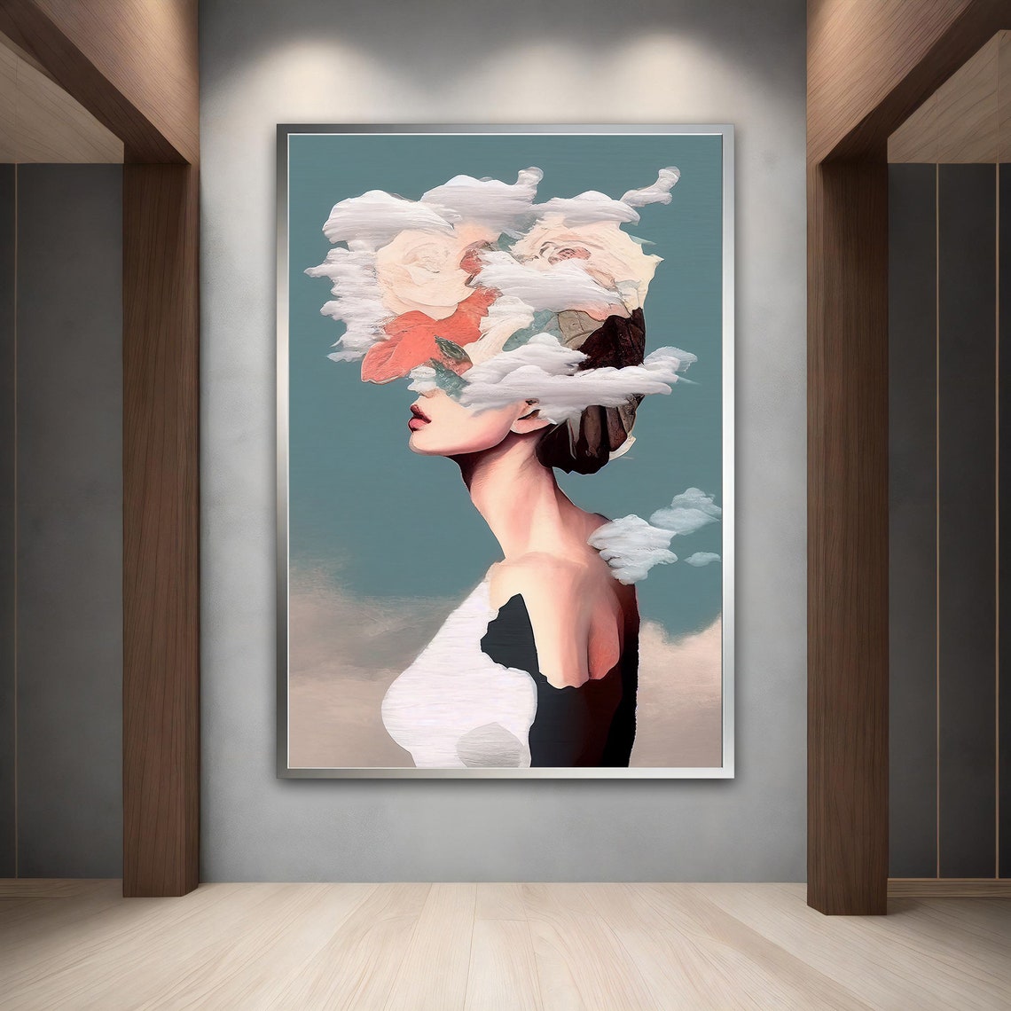 Woman Head Clouds Roses Surreal Profile Teal Background Art Poster - Image 3