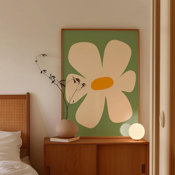 Cream Daisy on Soft Sage Green Minimalist Retro Flower Poster for Calm Bedroom Walls