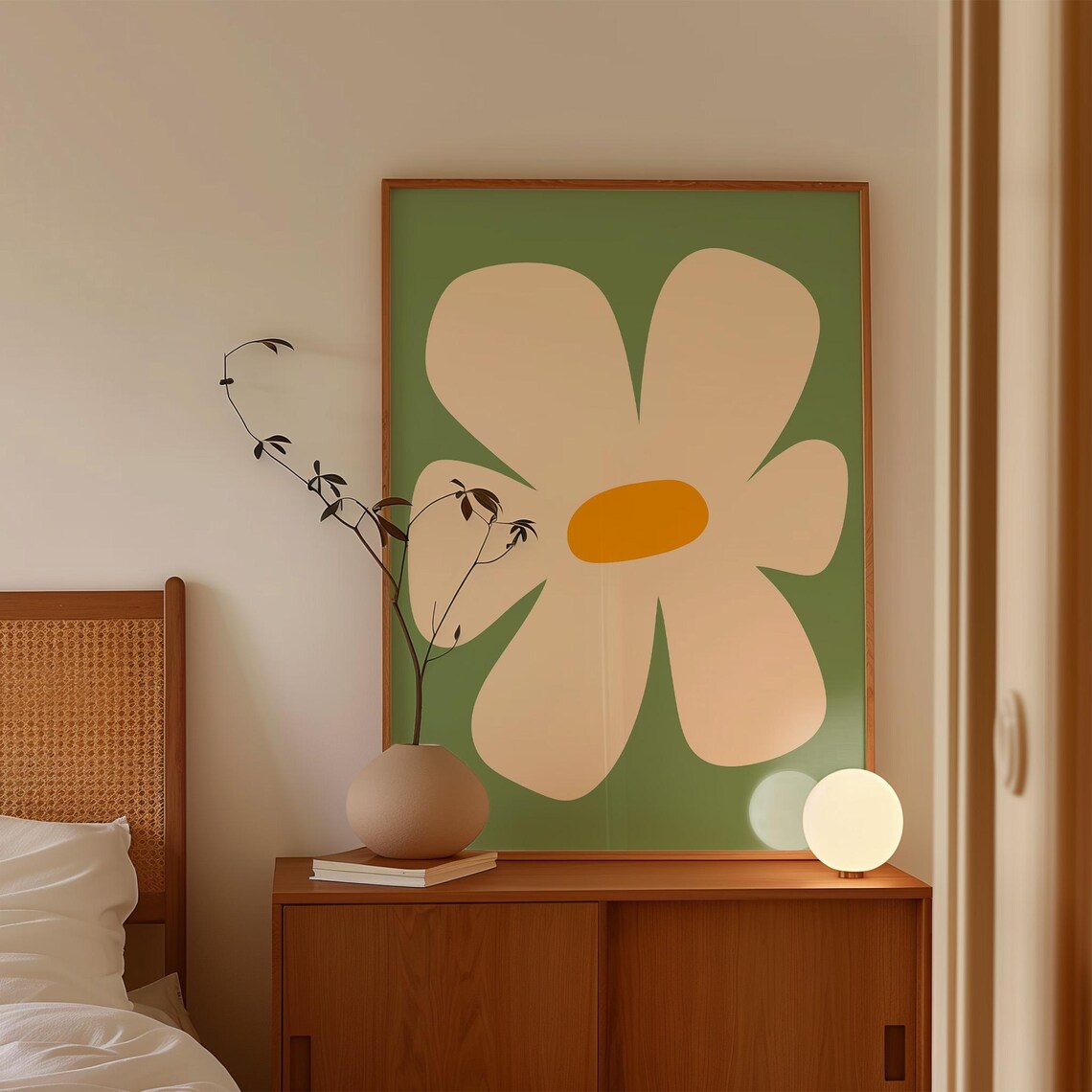 Cream Daisy on Soft Sage Green Minimalist Retro Flower Poster for Calm Bedroom Walls