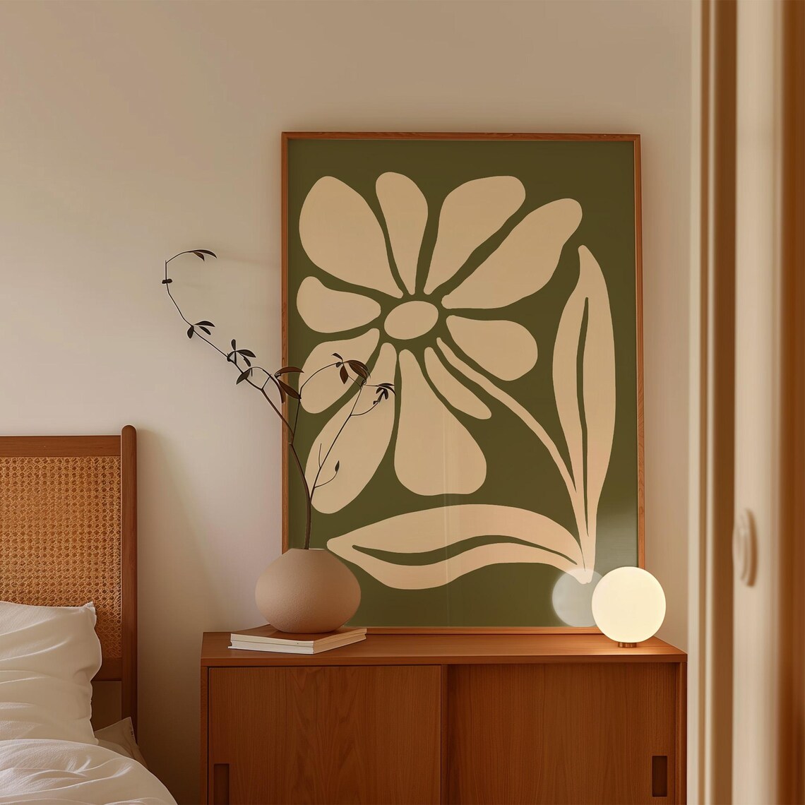 Tall Cream Flower on Olive Green Botanical Bedroom Art Poster