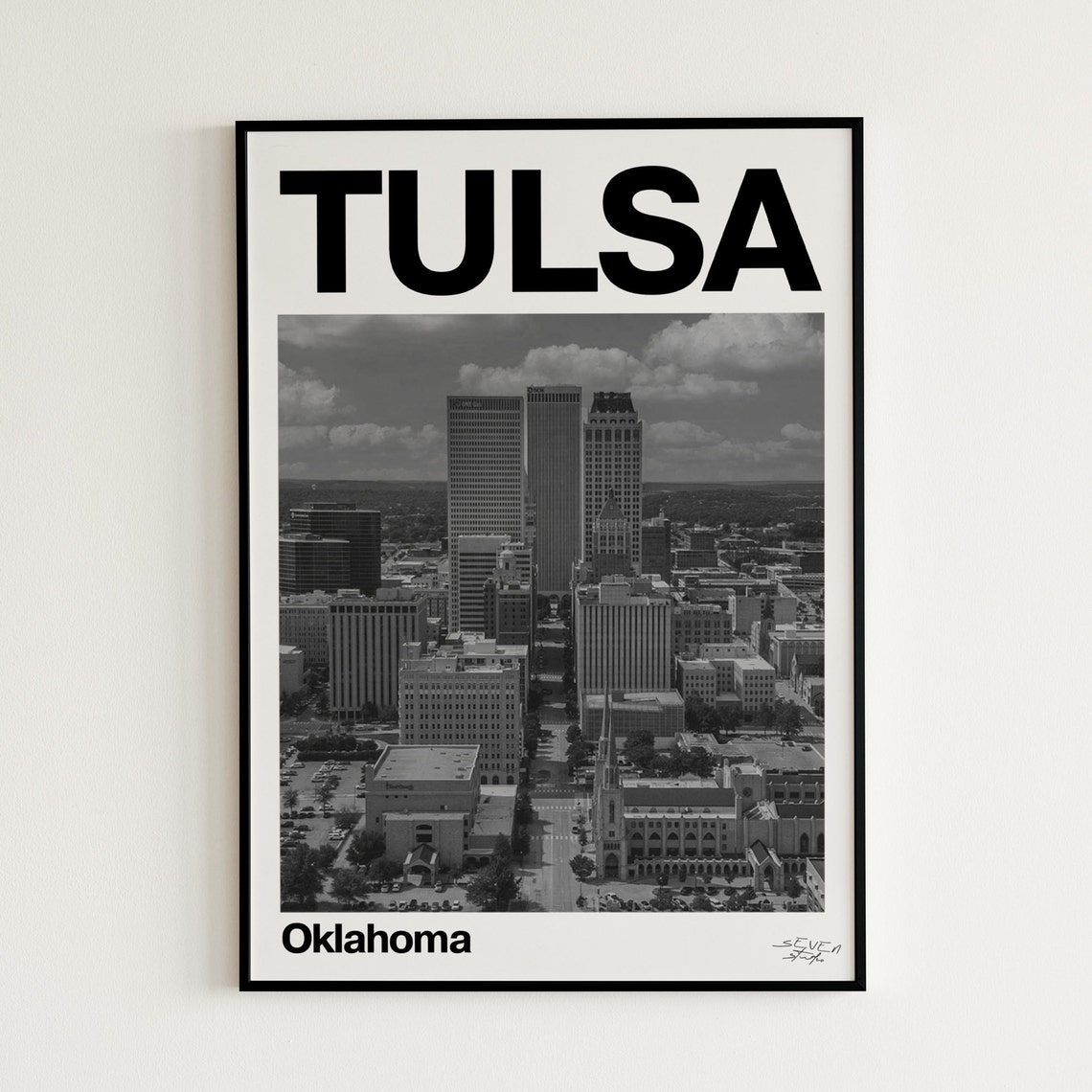 Tulsa Oklahoma Downtown Skyline Black and White Cityscape Poster
