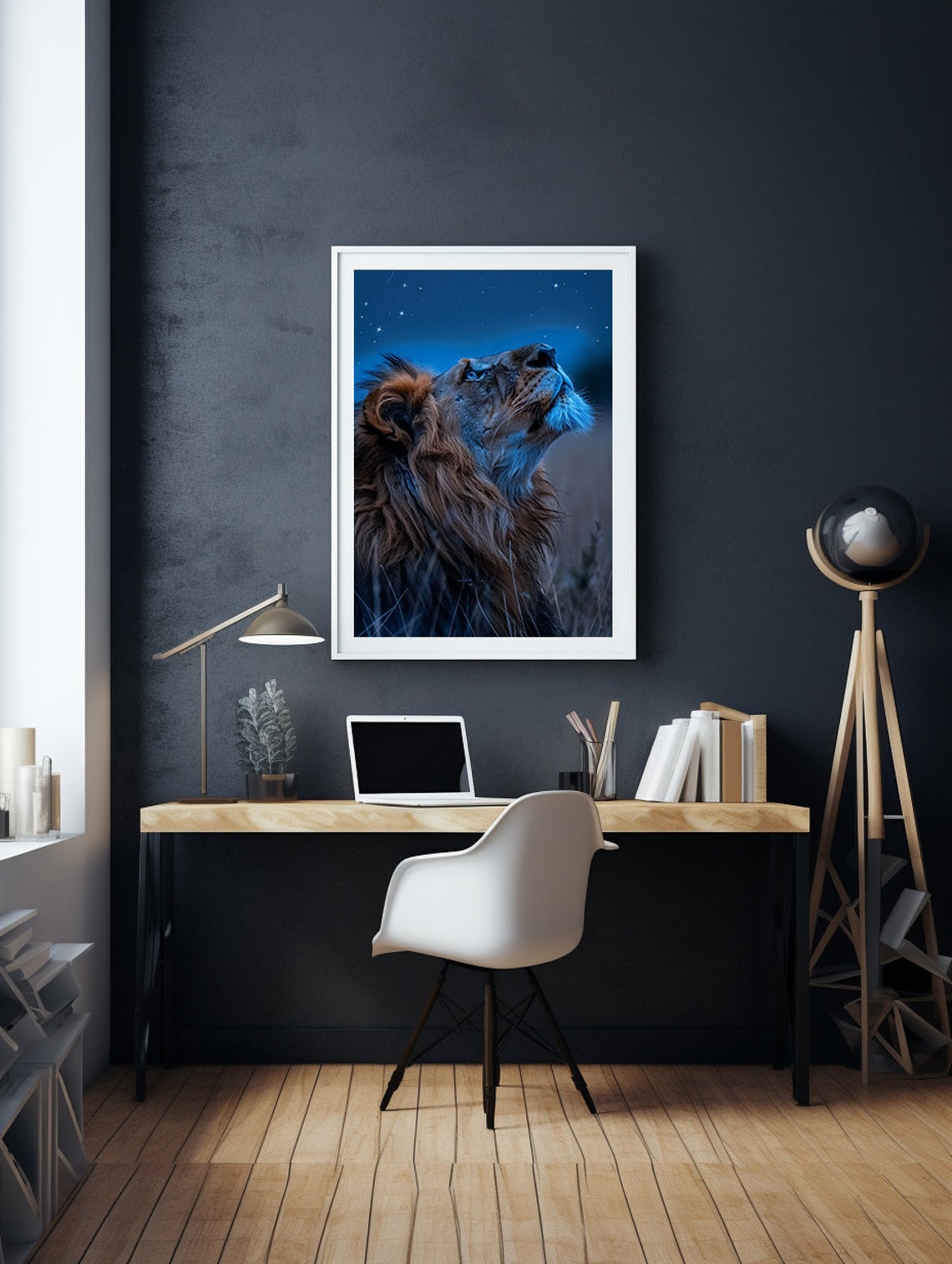 Lion Gazing Up at a Sparkling Starry Midnight Blue Night Sky Poster - Image 2