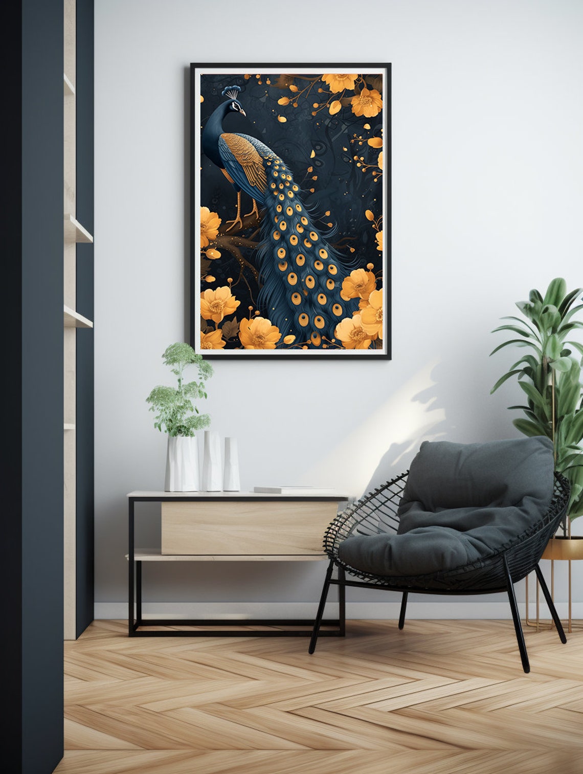 Peacock With Golden Blossoms Glowing on Midnight Navy Poster - Image 6