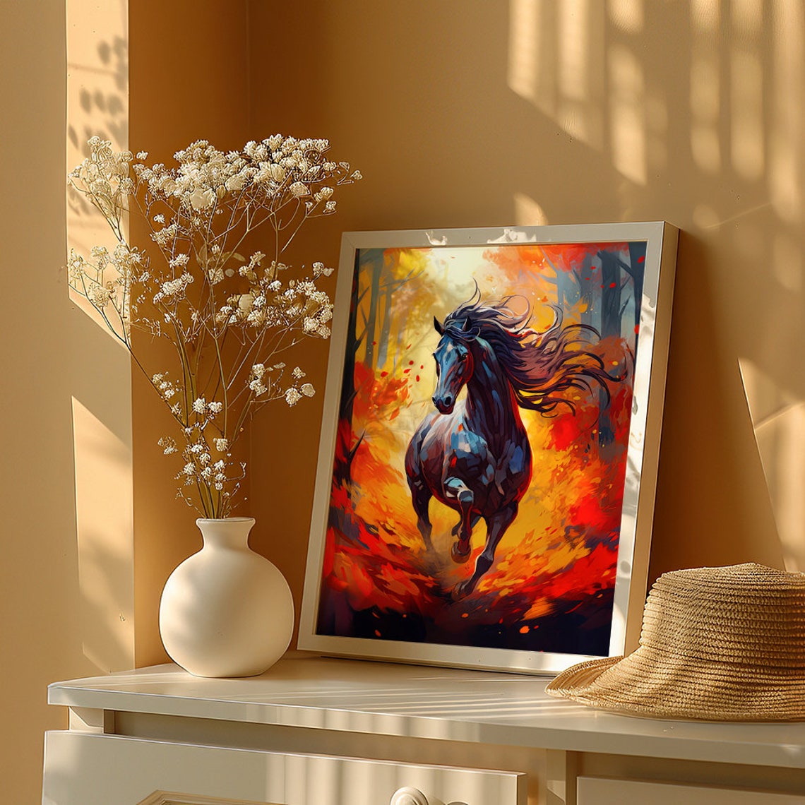 Black Horse Galloping Through a Blazing Autumn Fire Forest Poster - Image 5