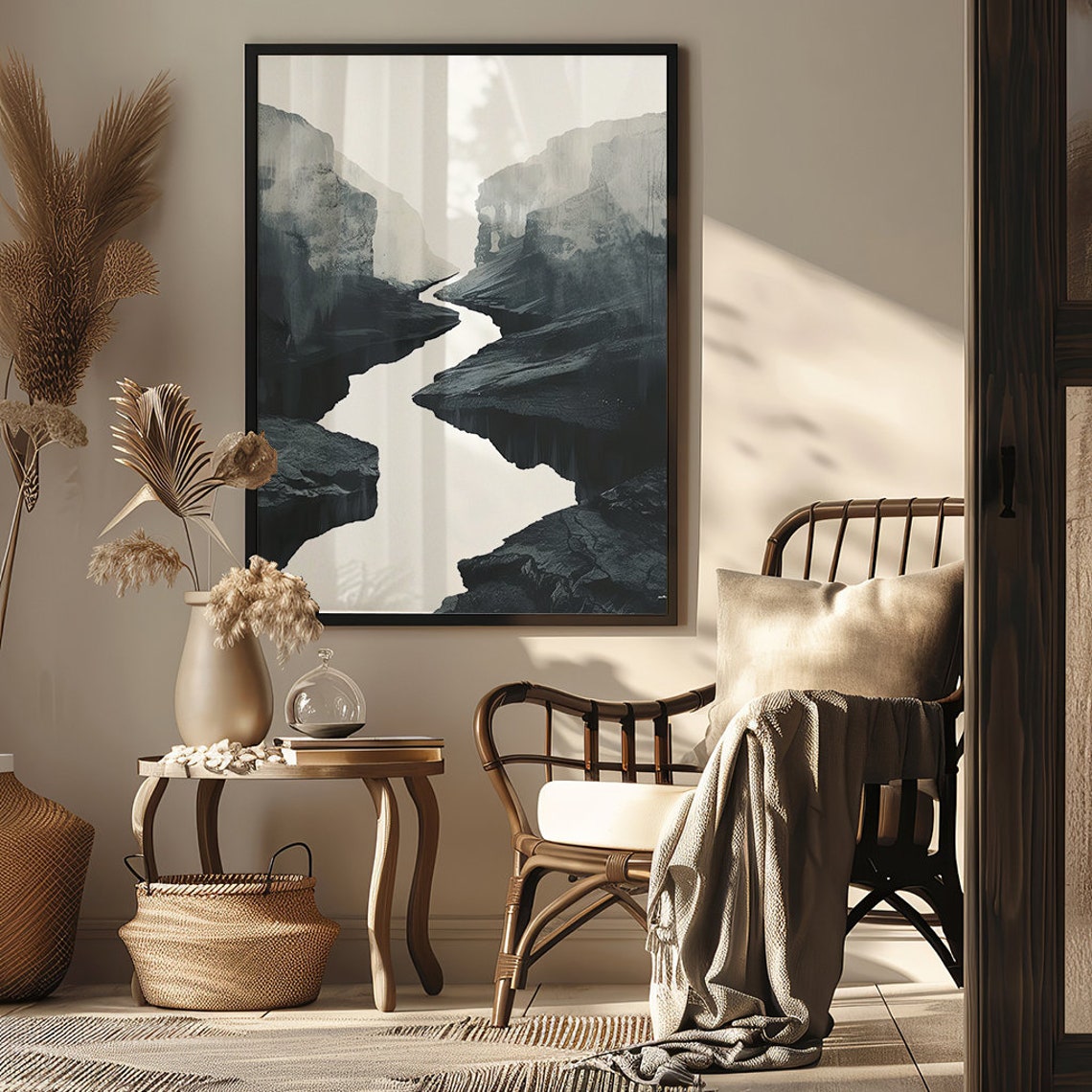 Winding River Flowing Through Dark Cliffs in Ink Wash Poster - Image 7