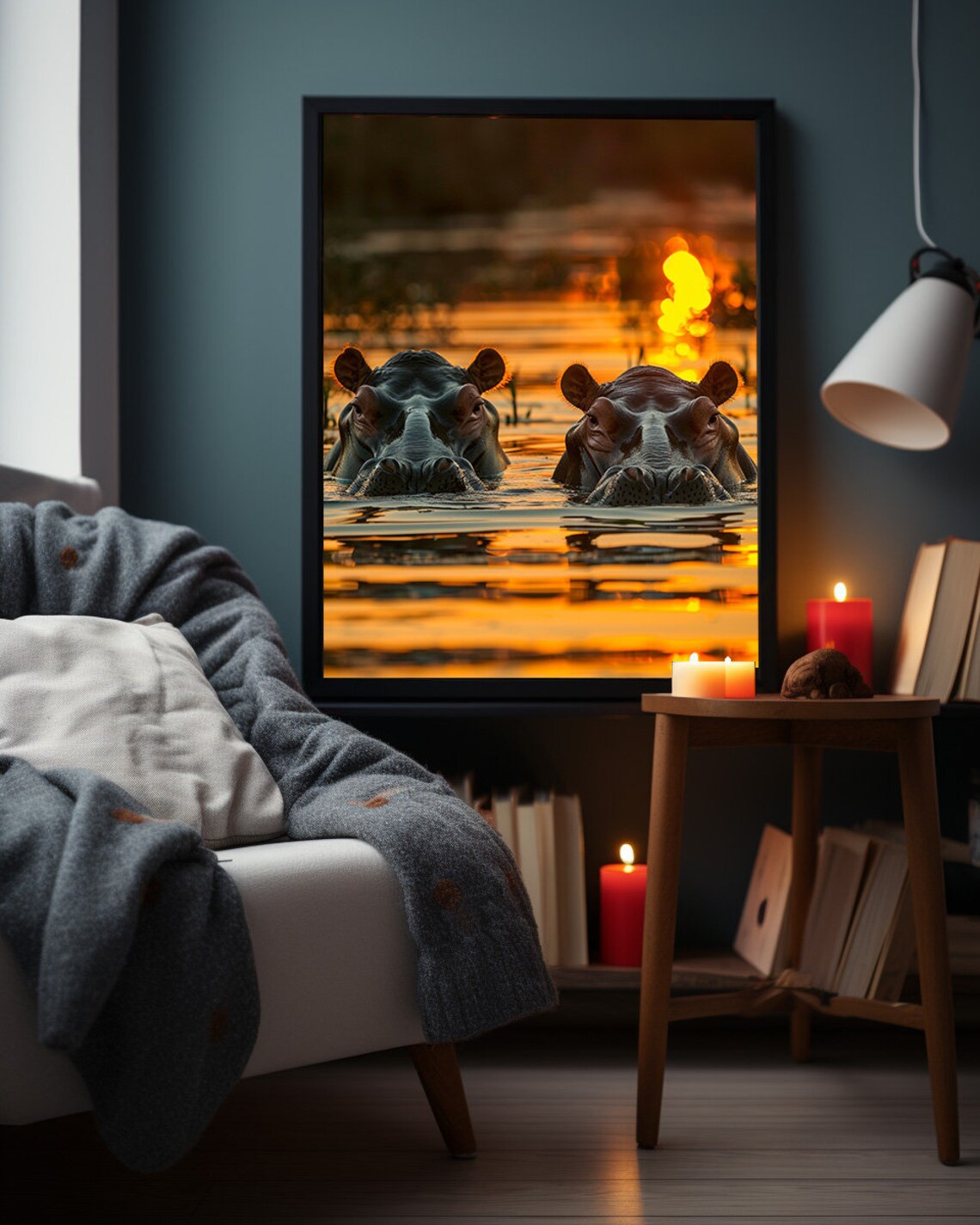 Majestic Two Hippos Watching Golden Sunset Over an African River Poster - Image 3