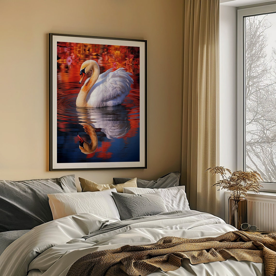 White Swan Reflection Gliding on Golden Sunset Waters Poster - Image 5