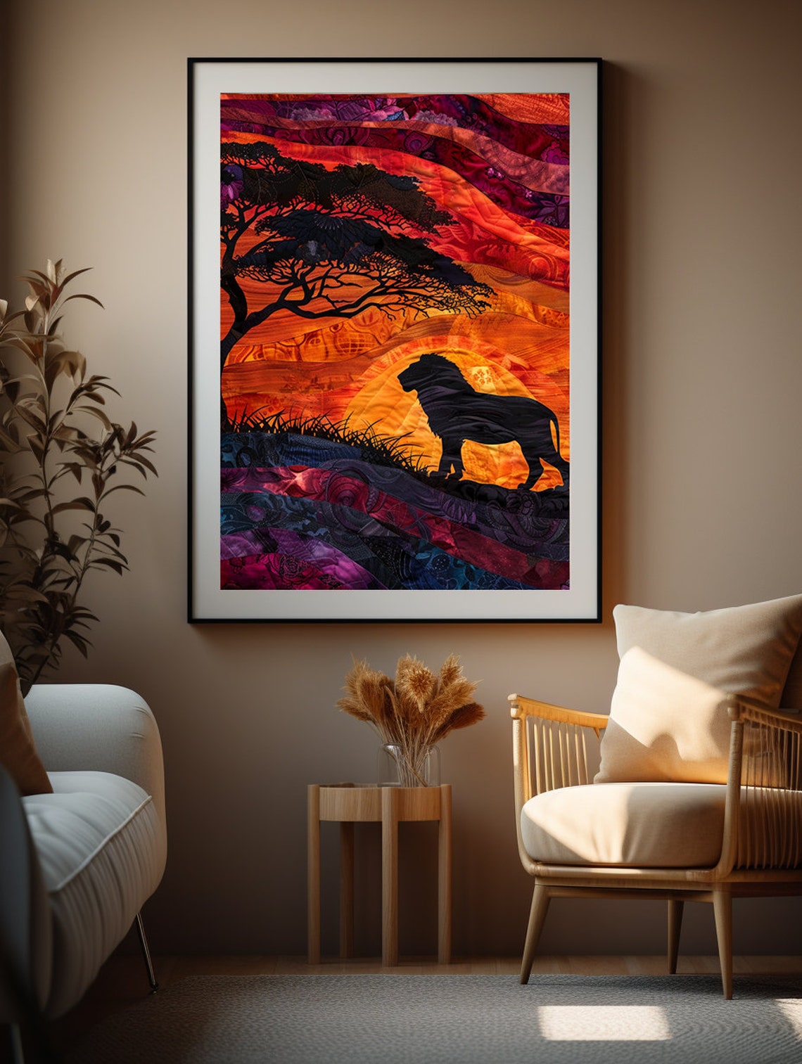 Lion Silhouette at Sunset in a Layered Paper Cut Savanna Poster - Image 4
