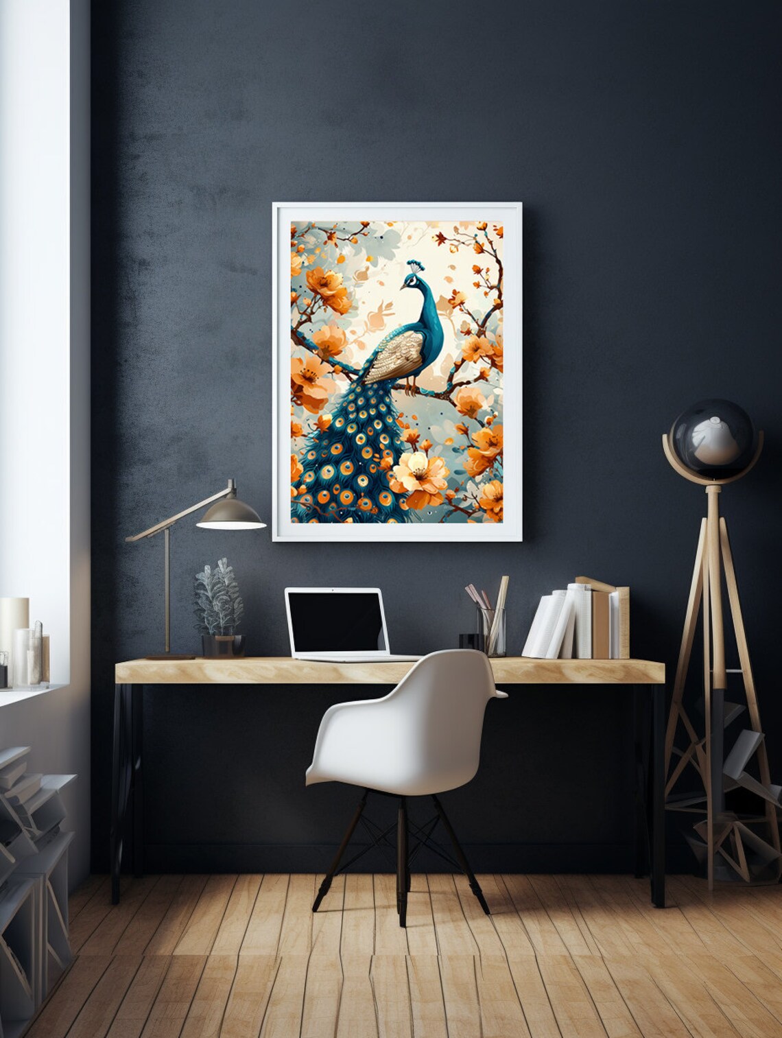Blue Peacock Surrounded by Amber Blossoms on a Golden Branch Poster - Image 5