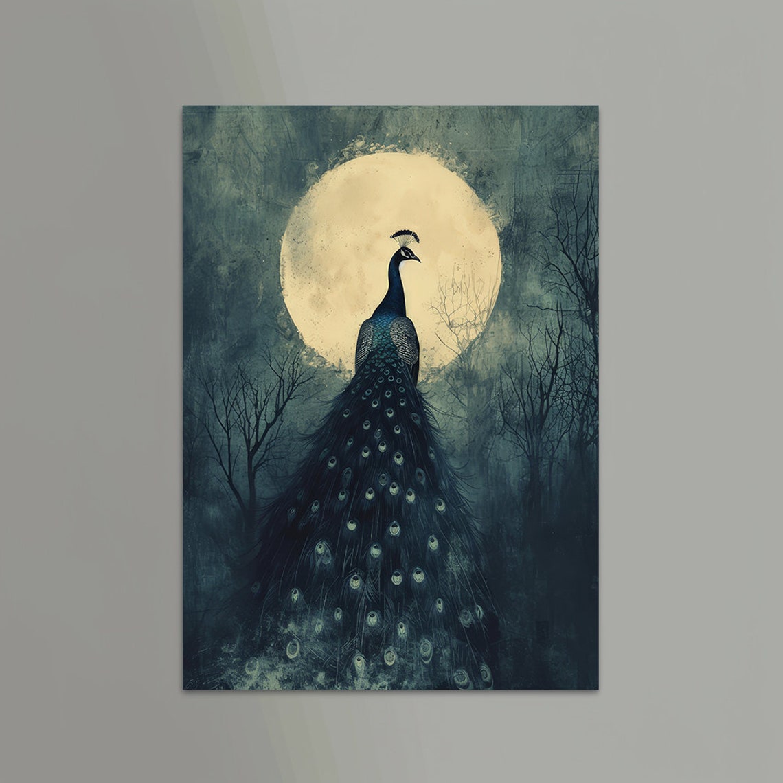 Dark Peacock Silhouette Standing Beneath a Glowing Full Moon Poster - Image 3