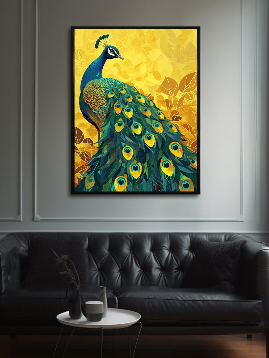 Emerald Green Peacock Displayed on a Golden Floral Background Poster