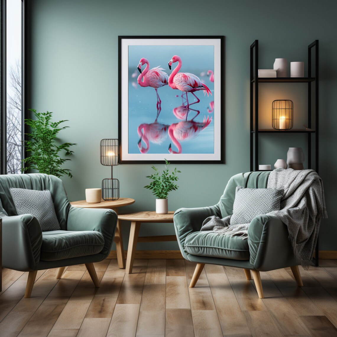 Two Elegant Pink Flamingos Reflected in Calm Turquoise Water Poster - Image 4