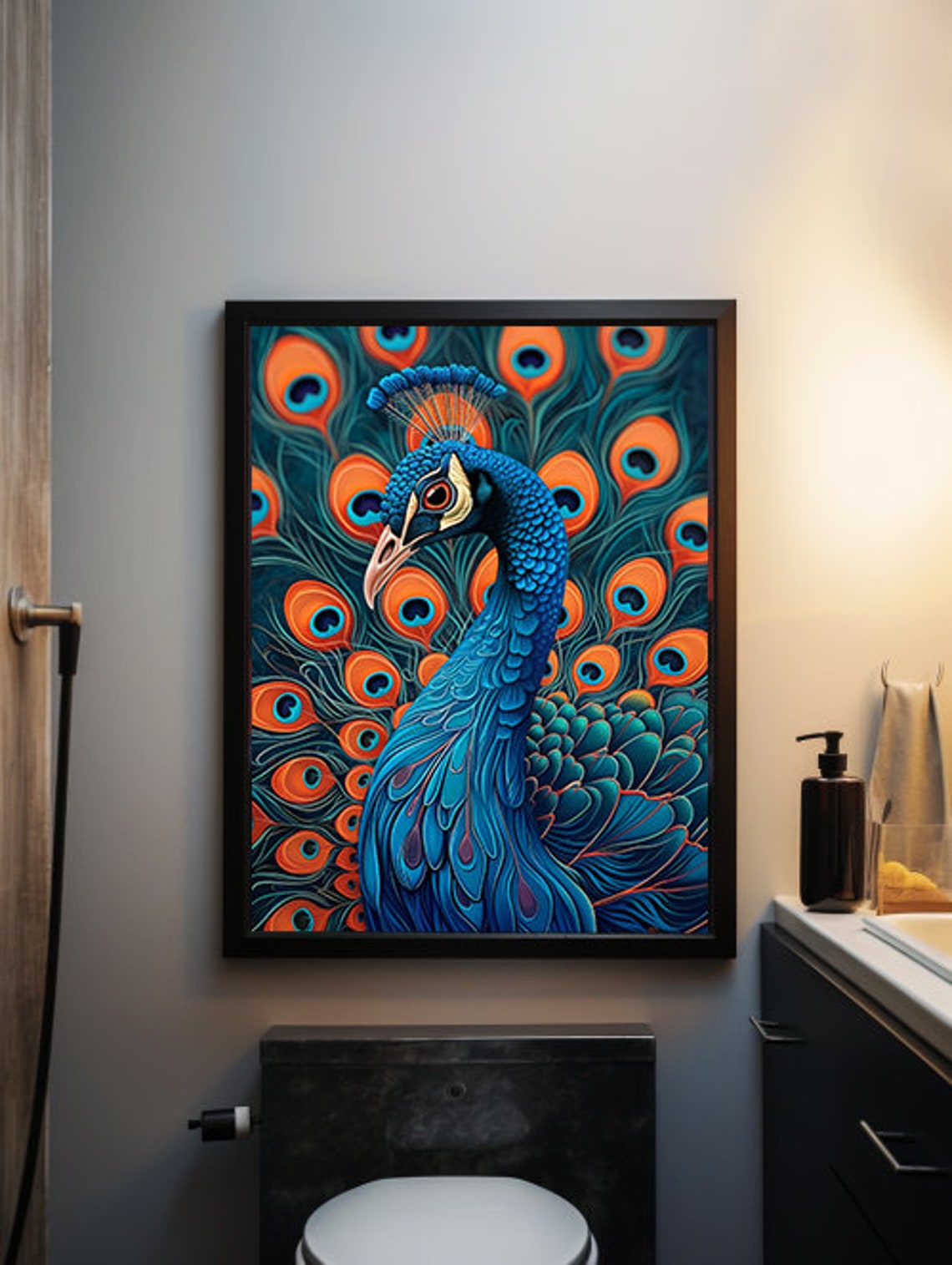 Blue Peacock Head Rising Over a Turquoise Feather Fan Poster