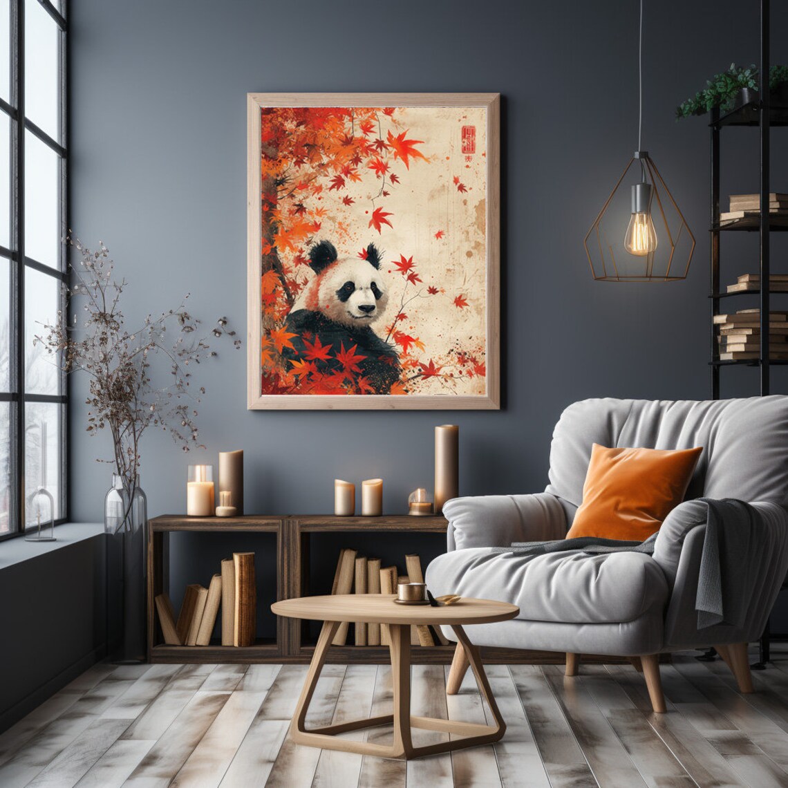 Panda Among Falling Red Maple Leaves in Vintage Asian Style Poster - Image 3