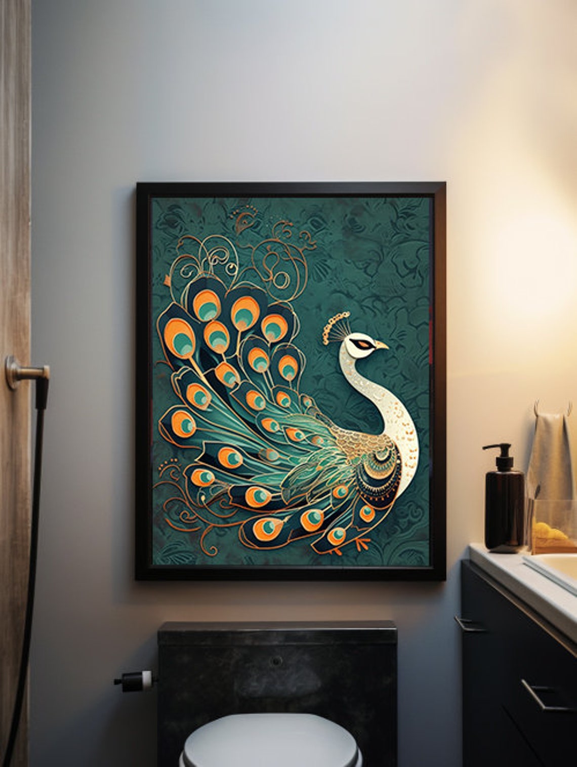 White Peacock With an Ornate Golden Tail on Patterned Teal Poster - Image 5