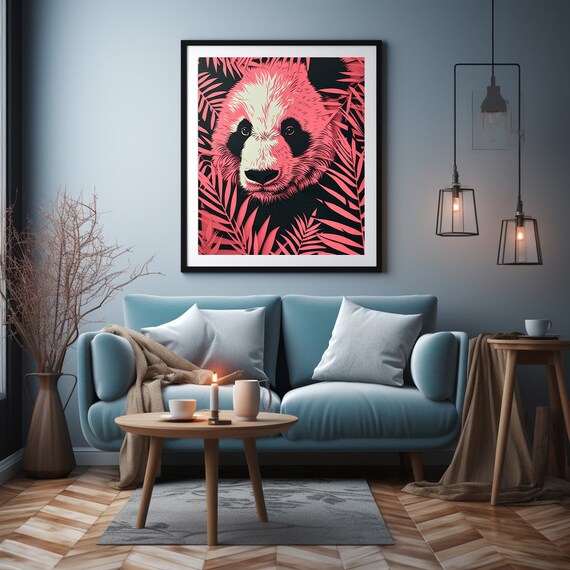Pink Panda Face Hidden in Tropical Leaves Paper Cut Style Poster