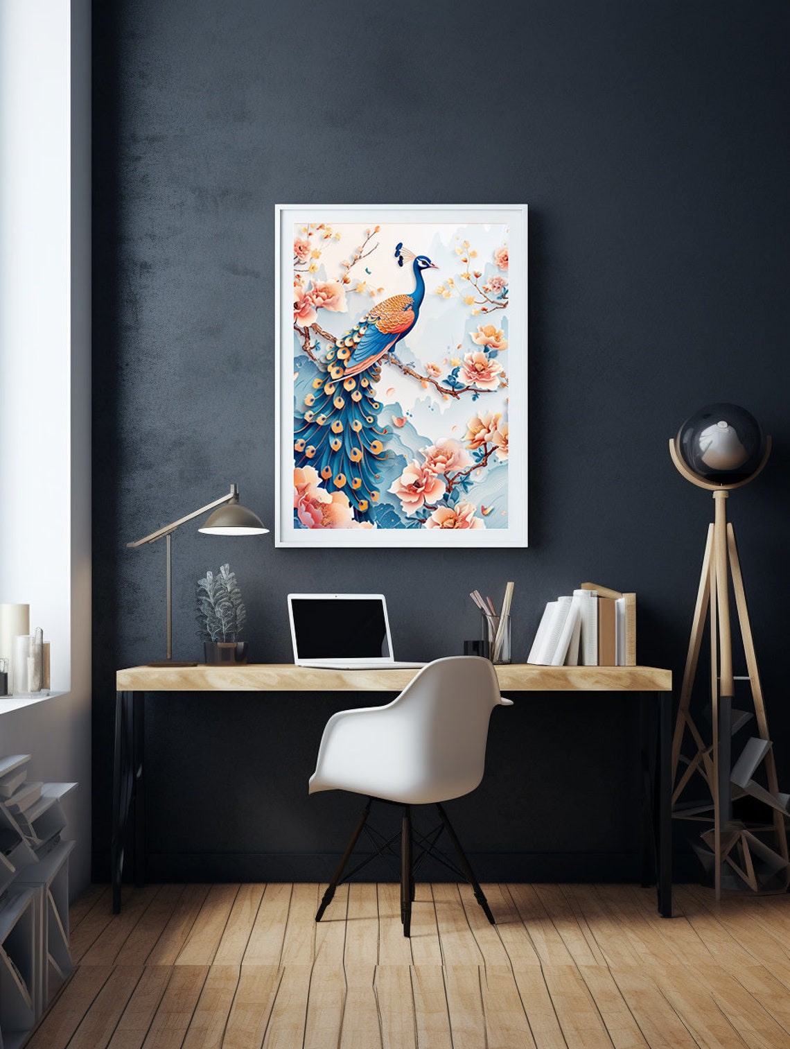 Peacock on a Flowering Branch in Delicate 3D Paper Art Poster - Image 5