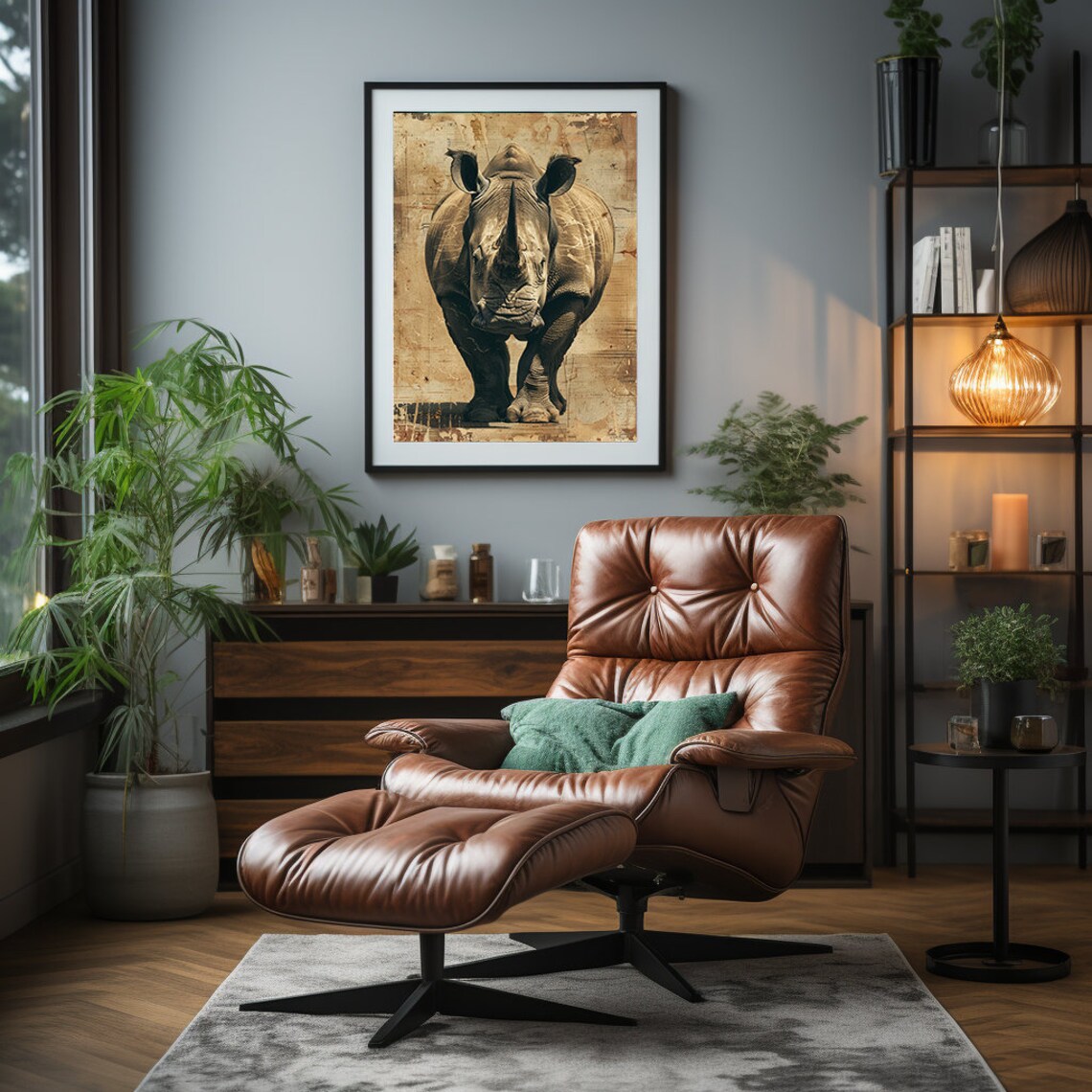 Charging Rhino Portrait on Weathered Vintage Parchment Poster - Image 4