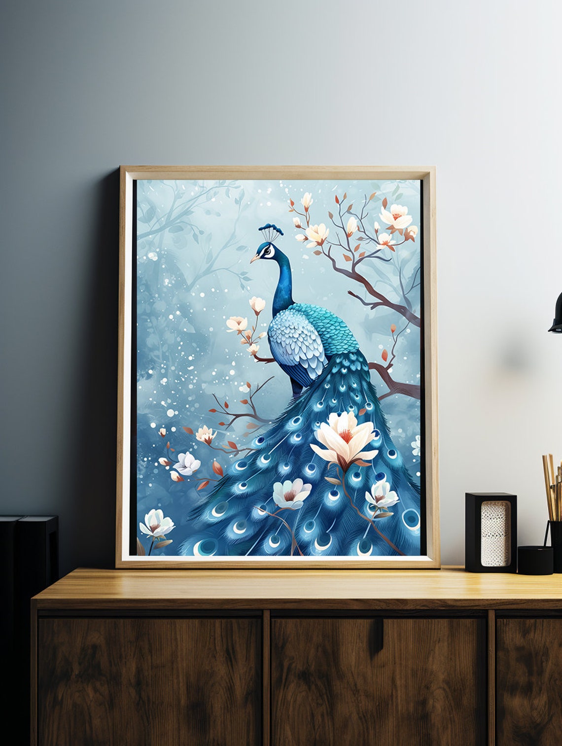 Blue Peacock Perched Among White Blossoms on a Winter Branch Poster - Image 3