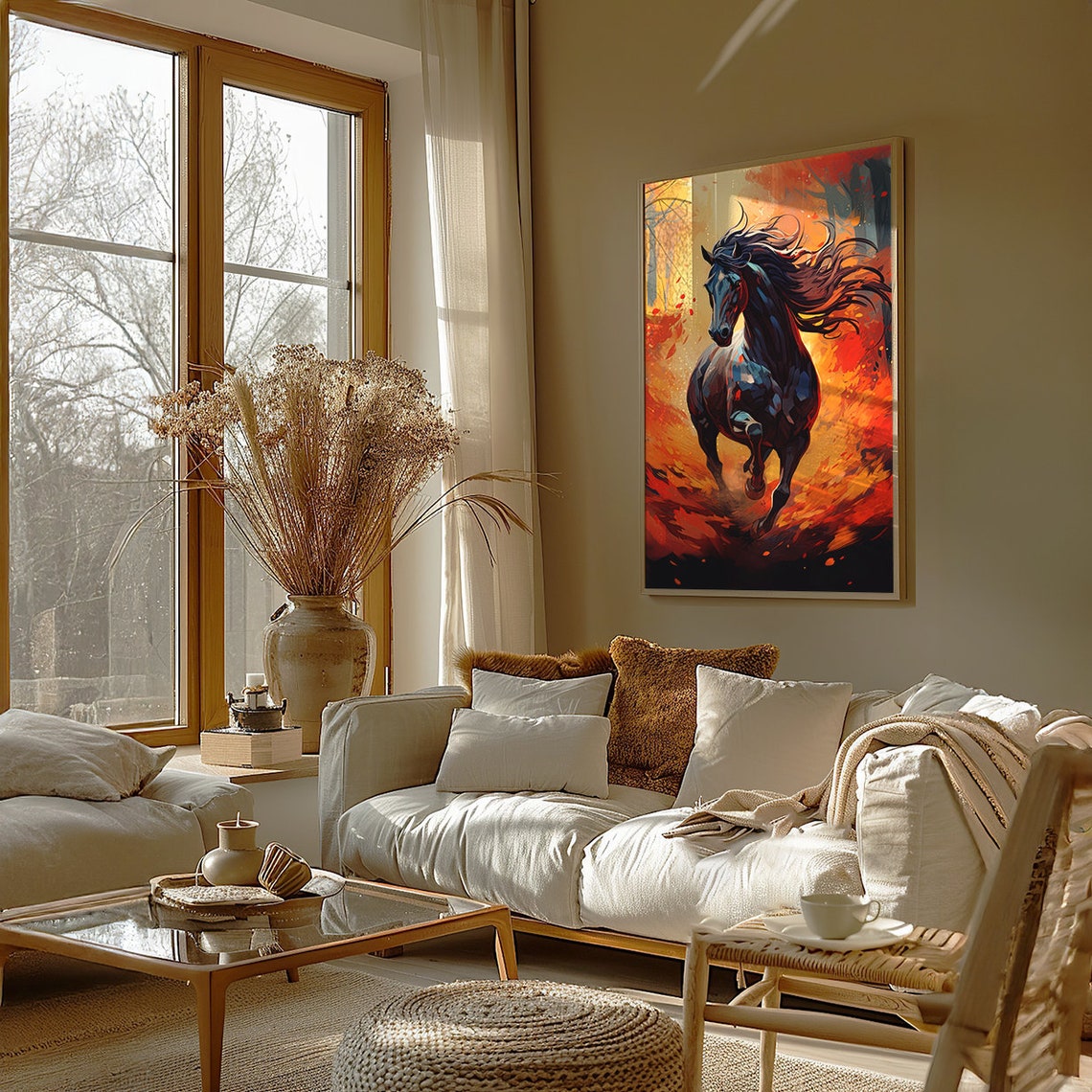 Black Horse Galloping Through a Blazing Autumn Fire Forest Poster - Image 2